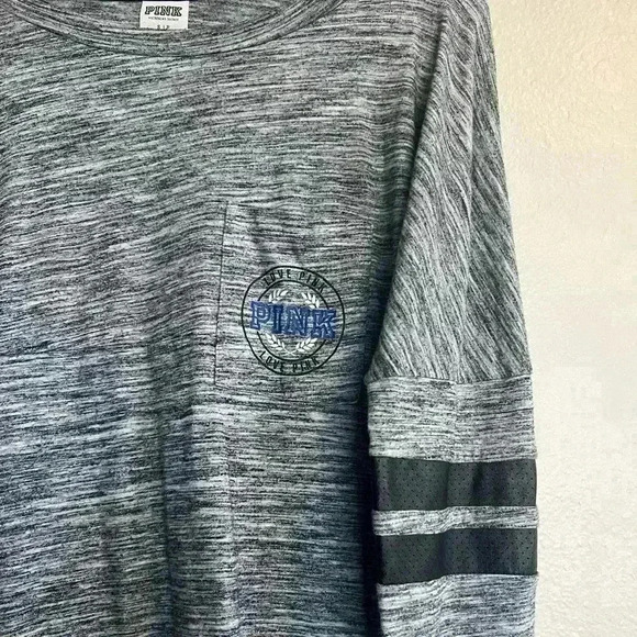 Victoria's Secret PINK Nation~Long Sleeve~Grey w/Blue Logo~ Tshirt Top~ Small - Picture 2 of 2